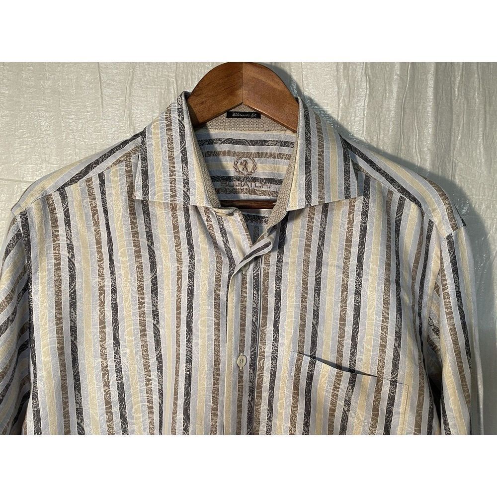 Bugatchi Uomo Classic Long‎ Sleeve Blue Brown Black Striped Paisley Shirt Large